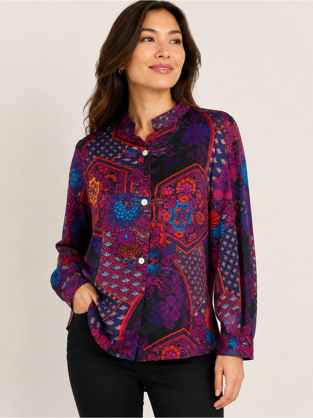 Natori Women’s Medium Multicolor Floral Patchwork Mandarin Collar Blouse